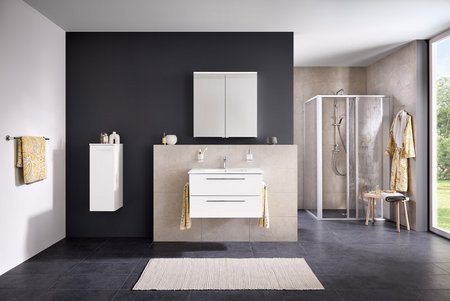 Modernes Badezimmer mit weißem Doppelwaschtisch, großem Spiegelschrank, heller Wandgestaltung und einer Eckdusche mit Glasabtrennung auf dunklem Boden.