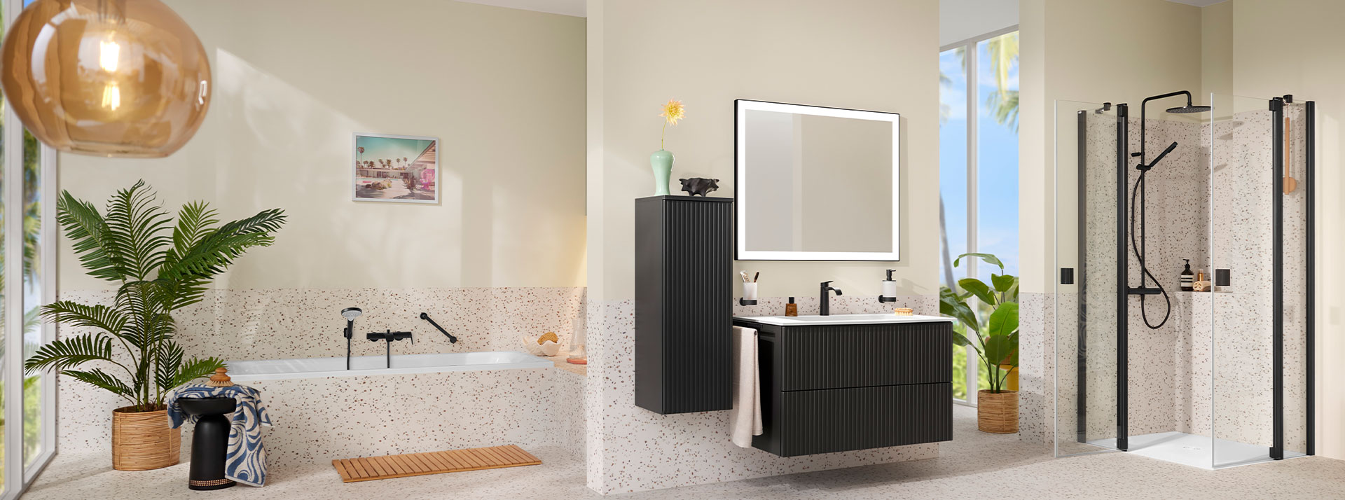 Modernes Badstudio mit Badewanne, Dusche und Waschtisch