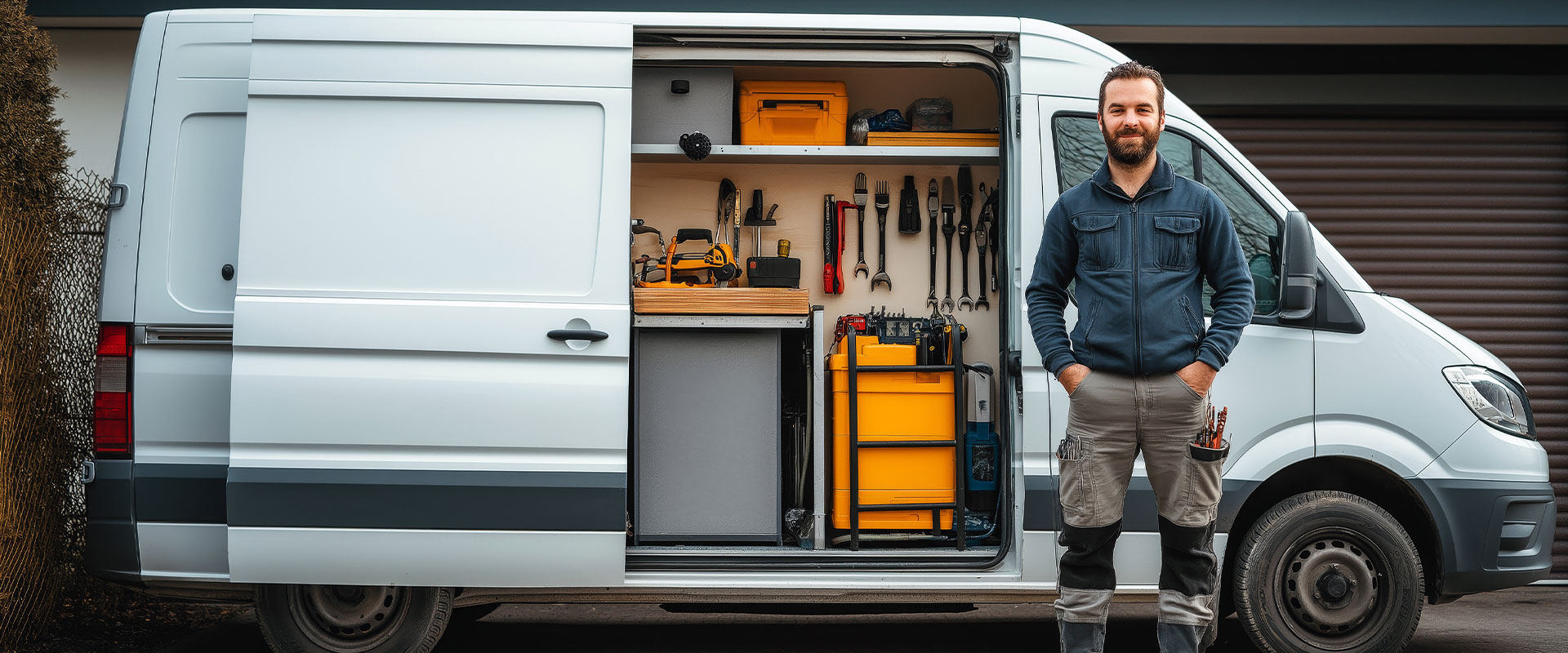 Ein Handwerker steht vor einem geöffneten Transporter mit vollständig ausgestatteter Fahrzeugeinrichtung, Werkzeugwand und Stauboxen.