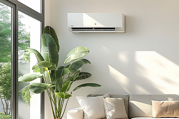 Moderne weiße Split-Klimaanlage an einer Wand, daneben eine große Zimmerpflanze.