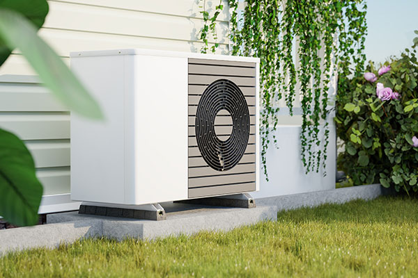 Weißes Außenmodul einer Luft-Wasser-Wärmepumpe vor einer Hauswand, umgeben von grünen Pflanzen und gepflegtem Rasen.